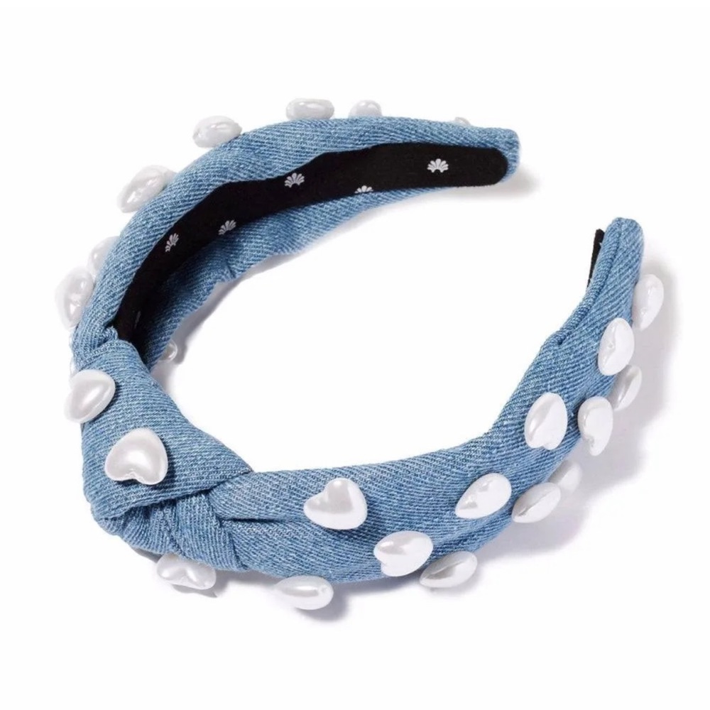 Lele Sadoughi denim pearl heart knotted headband